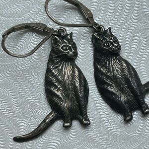 Elegant Silver with Black Patina Cat Earrings